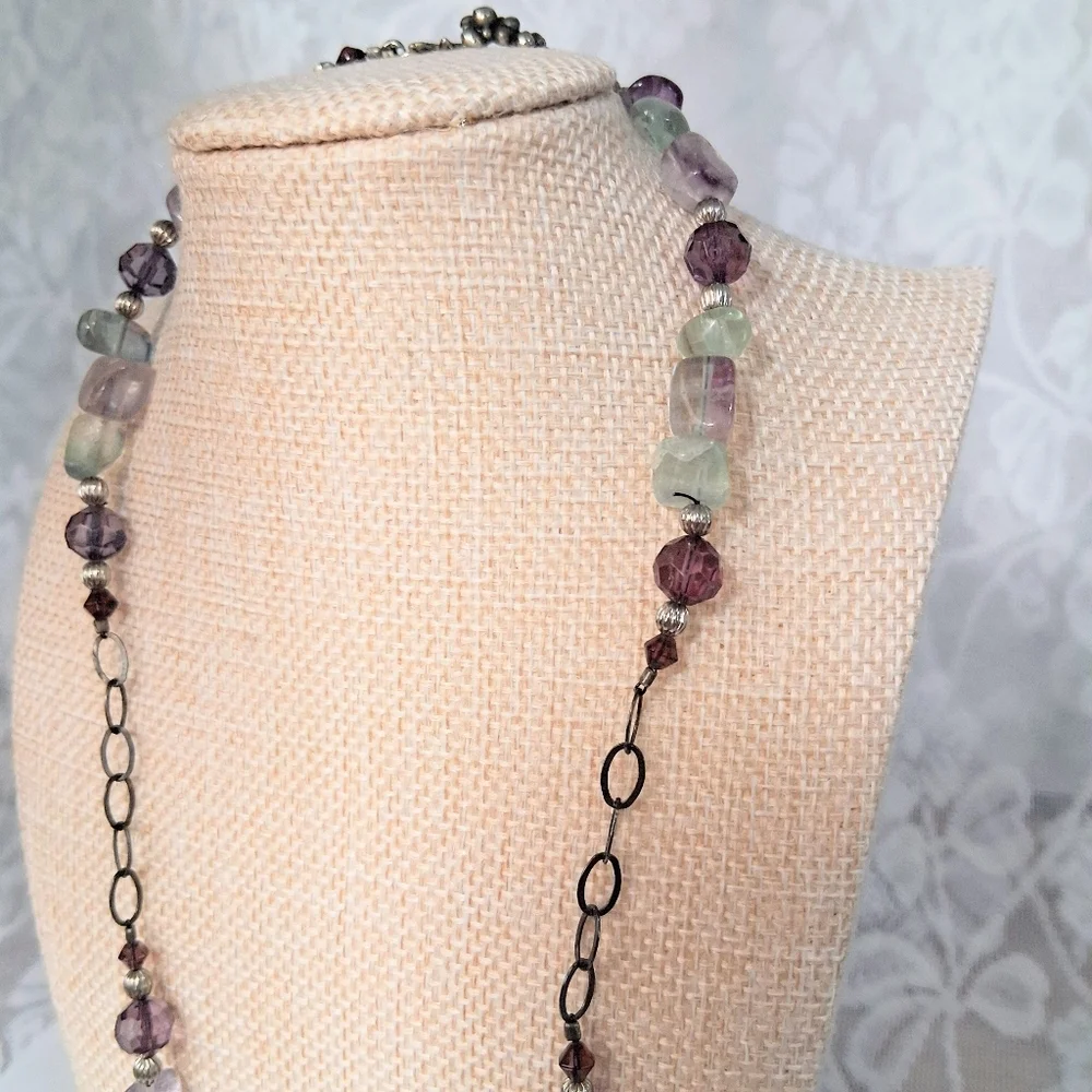 Fluorite Stone Beaded Necklace Purple Green Healing Clarity Balance Crystal